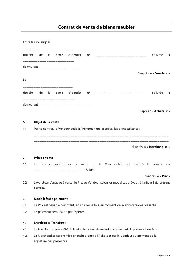 Aperçu du modèle : Contrat de vente (marchandises et biens)