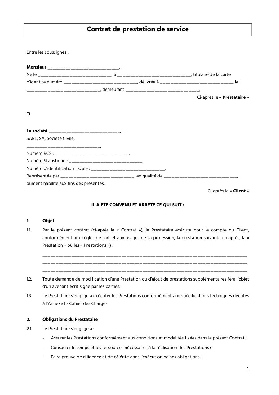 Extrait du modèle Prestation de services, page 1