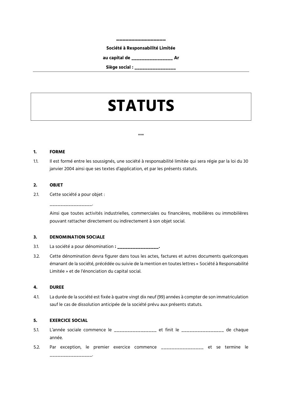 Extrait du modèle Actes de constitution de SARL, page 1