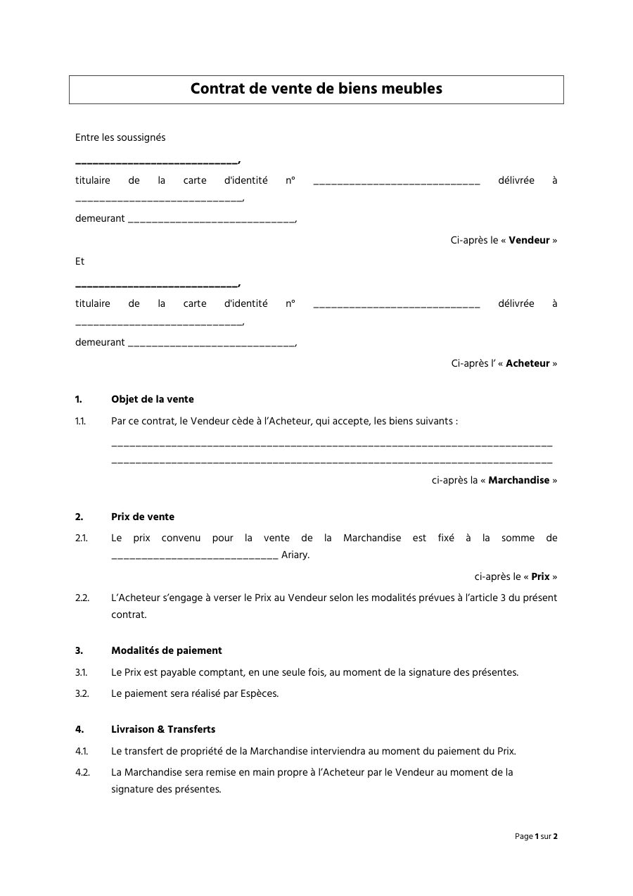 Extrait du modèle Contrat de vente (marchandises et biens), page 1