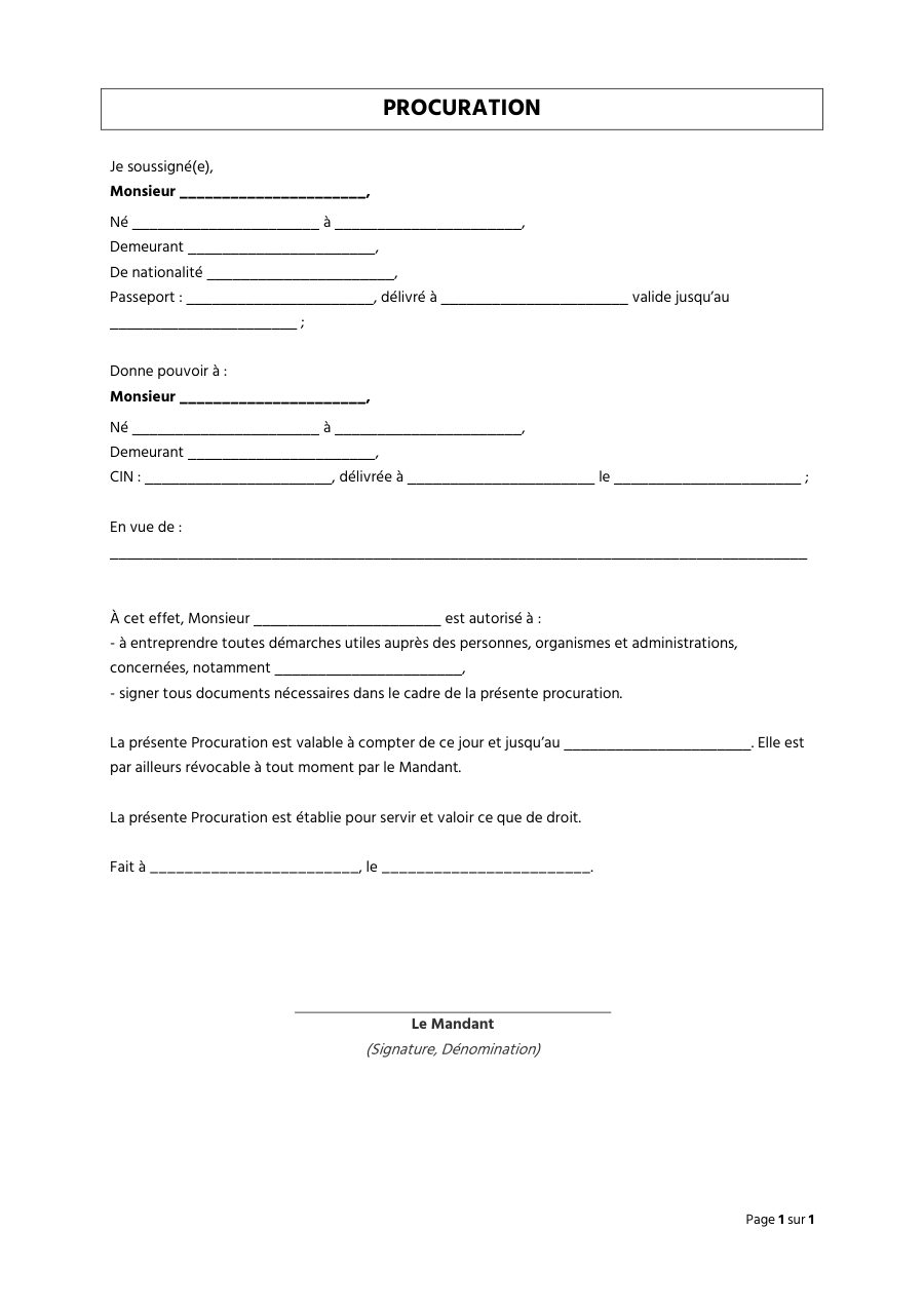 Extrait du modèle Procuration, page 1