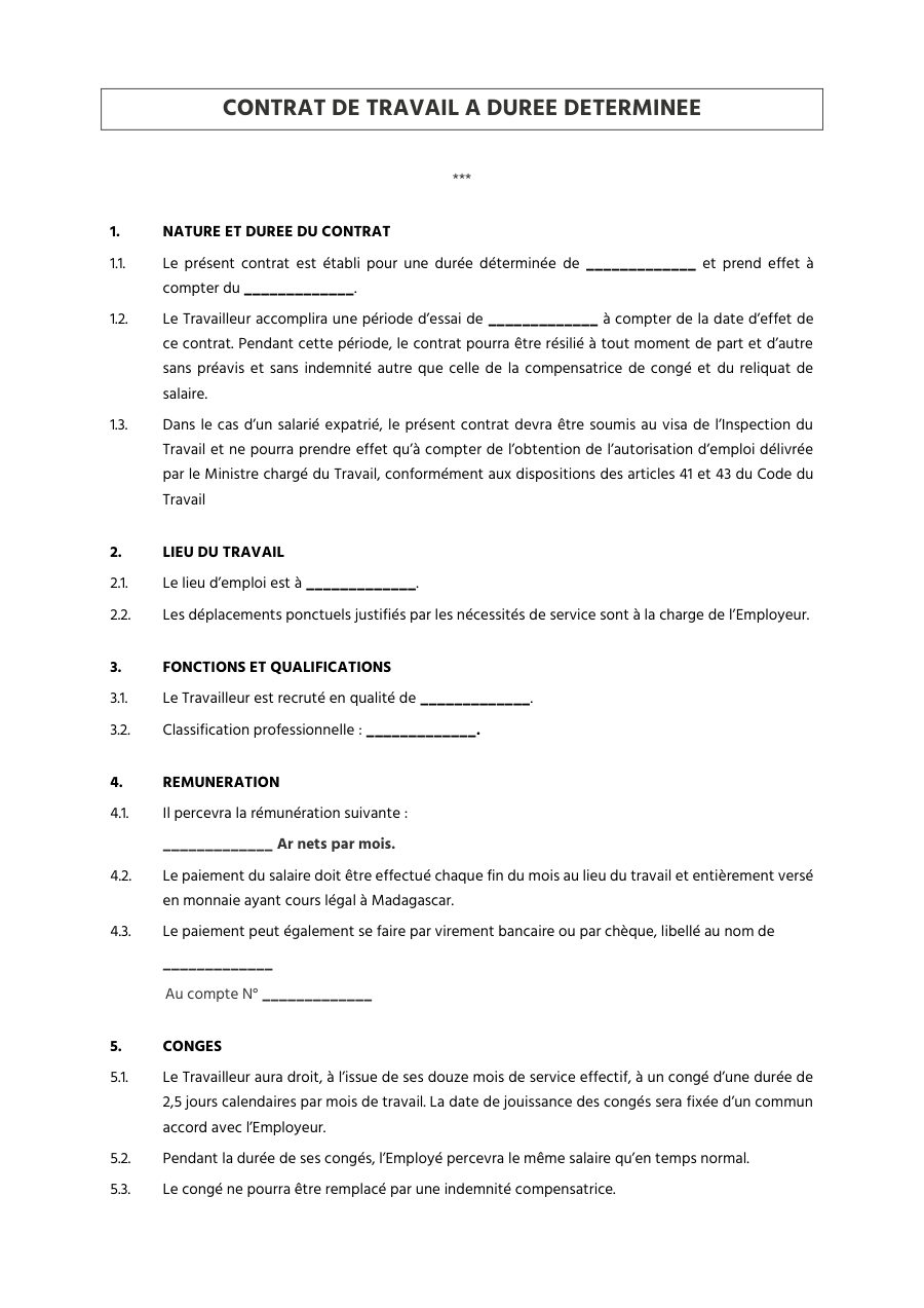 Extrait du modèle Contrat de travail CDD v.FR, page 1