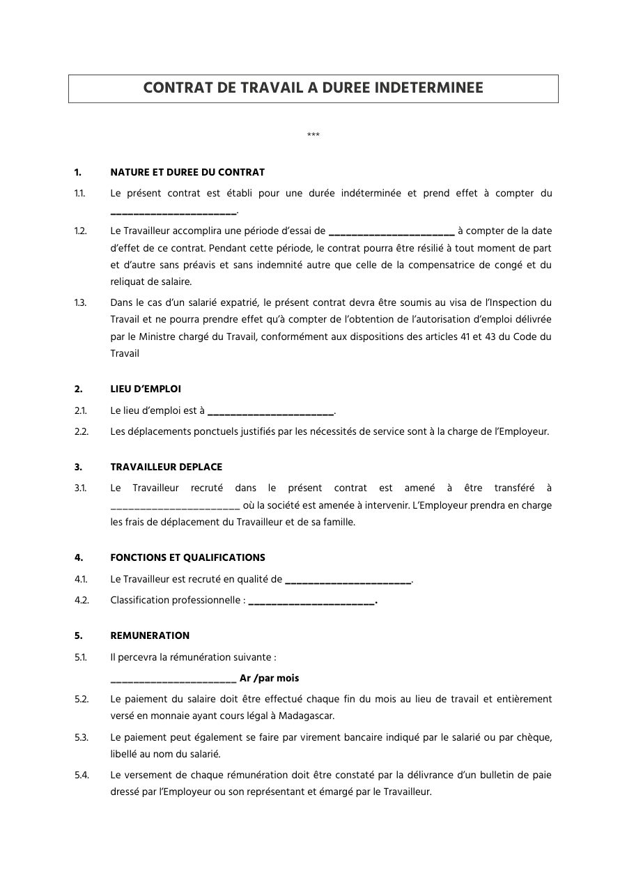 Extrait du modèle Contrat de travail CDI v.FR, page 1