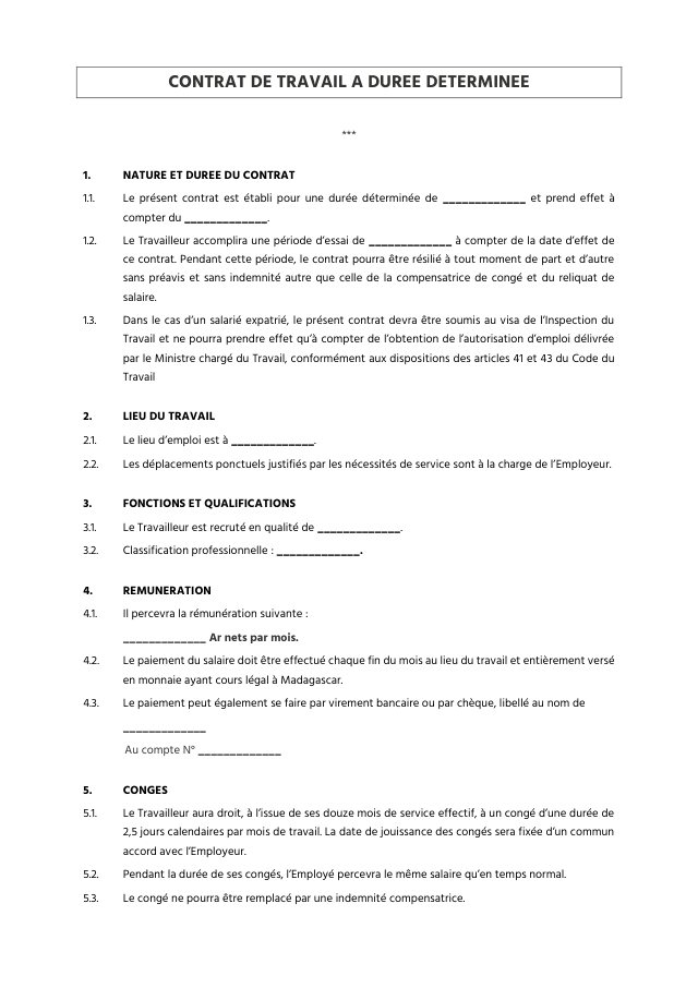 Aperçu du modèle : Contrat de travail CDD v.FR